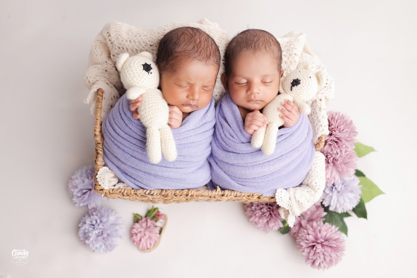 Newborn twins wrapped in lavender blankets